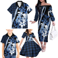 Hawaii Ukulele Family Matching Off The Shoulder Long Sleeve Dress and Hawaiian Shirt Tropical Flowers With Palaka Effect Blue Version LT05 - Polynesian Pride