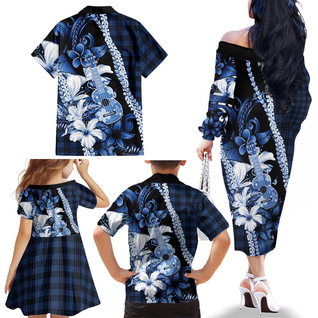 Hawaii Ukulele Family Matching Off The Shoulder Long Sleeve Dress and Hawaiian Shirt Tropical Flowers With Palaka Effect Blue Version LT05 - Polynesian Pride