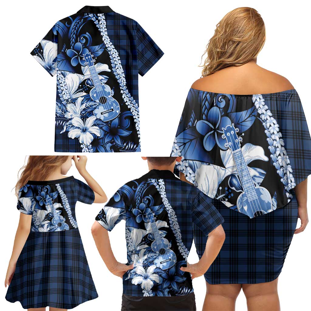 Hawaii Ukulele Family Matching Off Shoulder Short Dress and Hawaiian Shirt Tropical Flowers With Palaka Effect Blue Version - Polynesian Pride