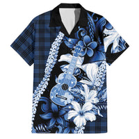 Hawaii Ukulele Family Matching Off Shoulder Short Dress and Hawaiian Shirt Tropical Flowers With Palaka Effect Blue Version - Polynesian Pride