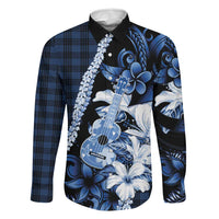 Hawaii Ukulele Family Matching Off Shoulder Short Dress and Hawaiian Shirt Tropical Flowers With Palaka Effect Blue Version - Polynesian Pride