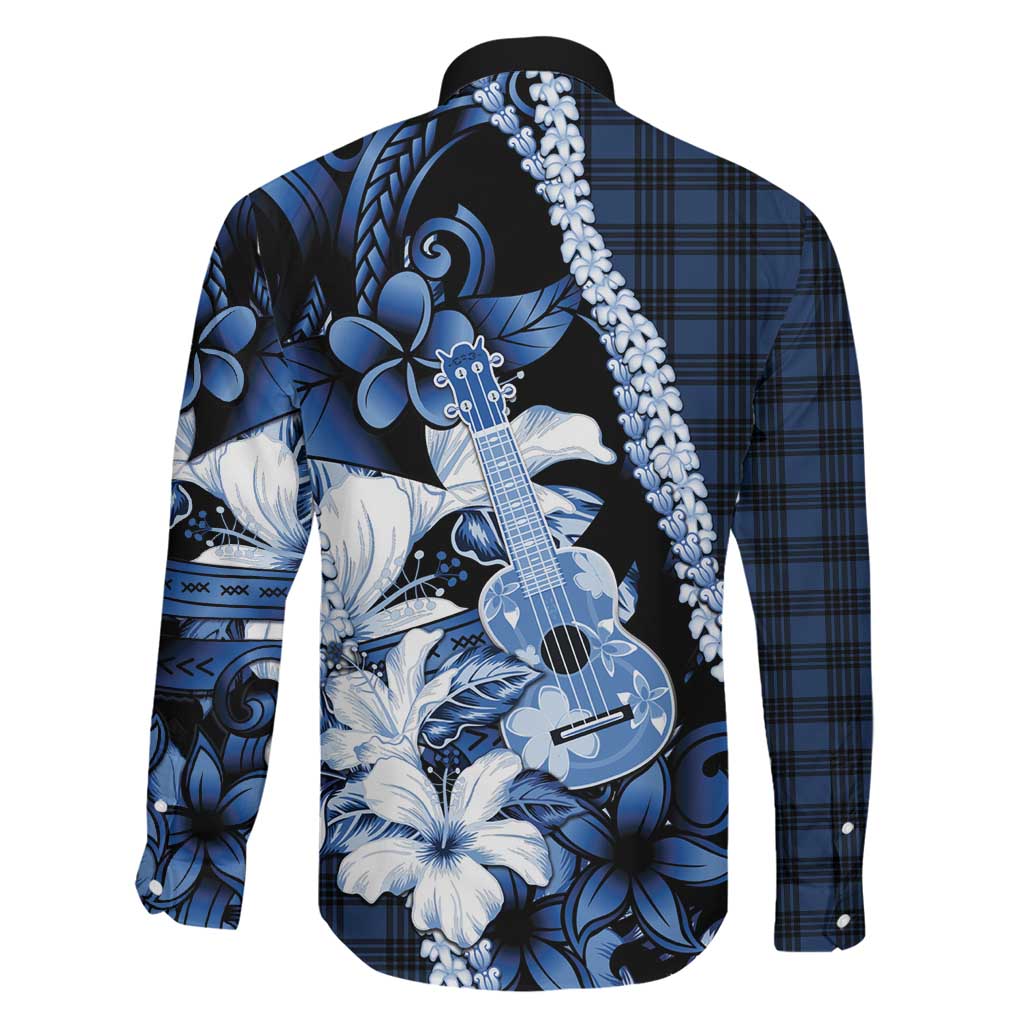 Hawaii Ukulele Family Matching Off Shoulder Short Dress and Hawaiian Shirt Tropical Flowers With Palaka Effect Blue Version - Polynesian Pride