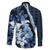 Hawaii Ukulele Family Matching Off Shoulder Short Dress and Hawaiian Shirt Tropical Flowers With Palaka Effect Blue Version - Polynesian Pride