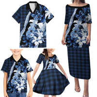 Hawaii Ukulele Family Matching Puletasi and Hawaiian Shirt Tropical Flowers With Palaka Effect Blue Version - Polynesian Pride