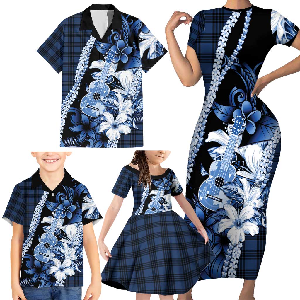 Hawaii Ukulele Family Matching Short Sleeve Bodycon Dress and Hawaiian Shirt Tropical Flowers With Palaka Effect Blue Version - Polynesian Pride