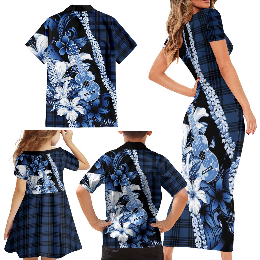 Hawaii Ukulele Family Matching Short Sleeve Bodycon Dress and Hawaiian Shirt Tropical Flowers With Palaka Effect Blue Version - Polynesian Pride