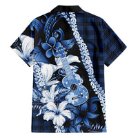 Hawaii Ukulele Family Matching Short Sleeve Bodycon Dress and Hawaiian Shirt Tropical Flowers With Palaka Effect Blue Version - Polynesian Pride