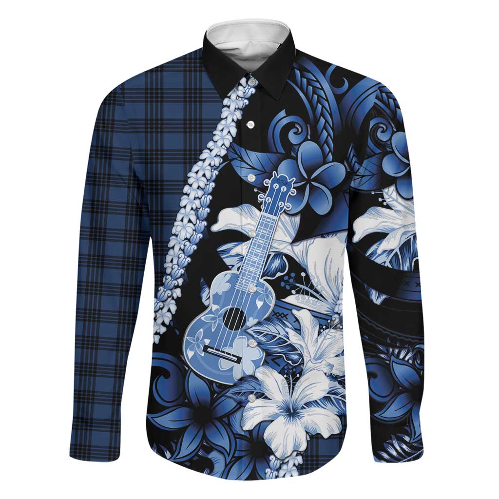 Hawaii Ukulele Family Matching Summer Maxi Dress and Hawaiian Shirt Tropical Flowers With Palaka Effect Blue Version - Polynesian Pride