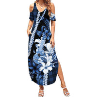Hawaii Ukulele Family Matching Summer Maxi Dress and Hawaiian Shirt Tropical Flowers With Palaka Effect Blue Version - Polynesian Pride