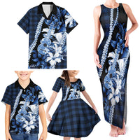 Hawaii Ukulele Family Matching Tank Maxi Dress and Hawaiian Shirt Tropical Flowers With Palaka Effect Blue Version - Polynesian Pride