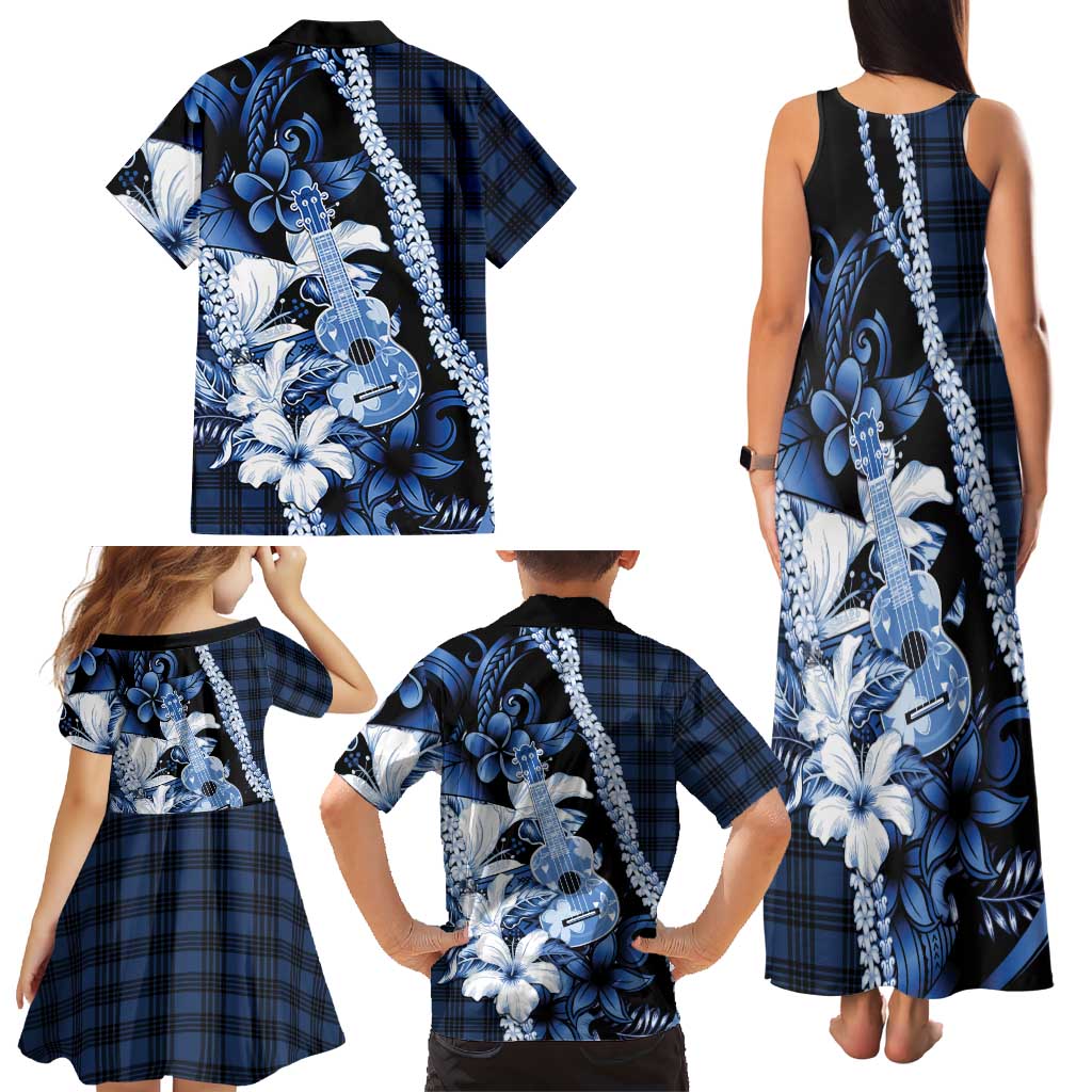 Hawaii Ukulele Family Matching Tank Maxi Dress and Hawaiian Shirt Tropical Flowers With Palaka Effect Blue Version - Polynesian Pride