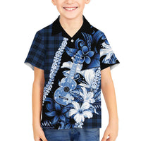 Hawaii Ukulele Family Matching Tank Maxi Dress and Hawaiian Shirt Tropical Flowers With Palaka Effect Blue Version - Polynesian Pride