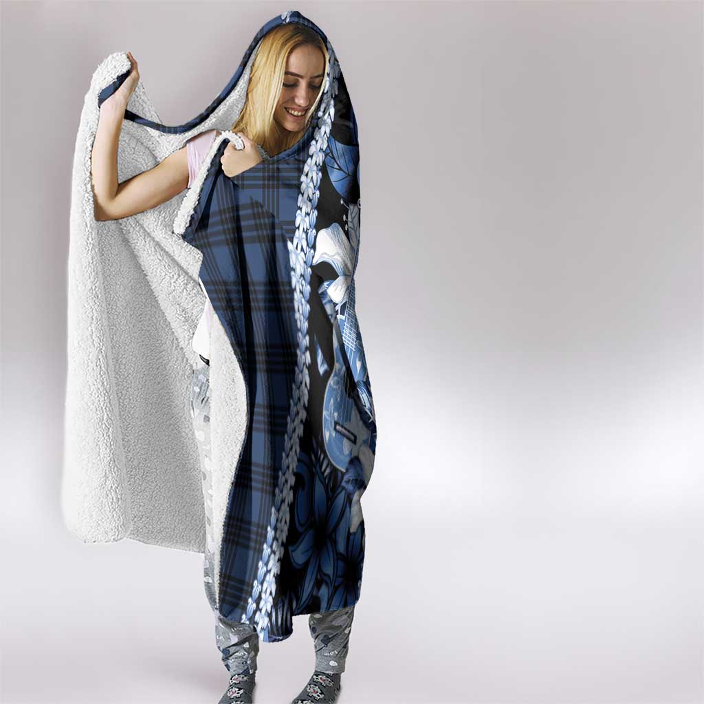 Hawaii Ukulele Hooded Blanket Tropical Flowers With Palaka Effect Blue Version - Polynesian Pride