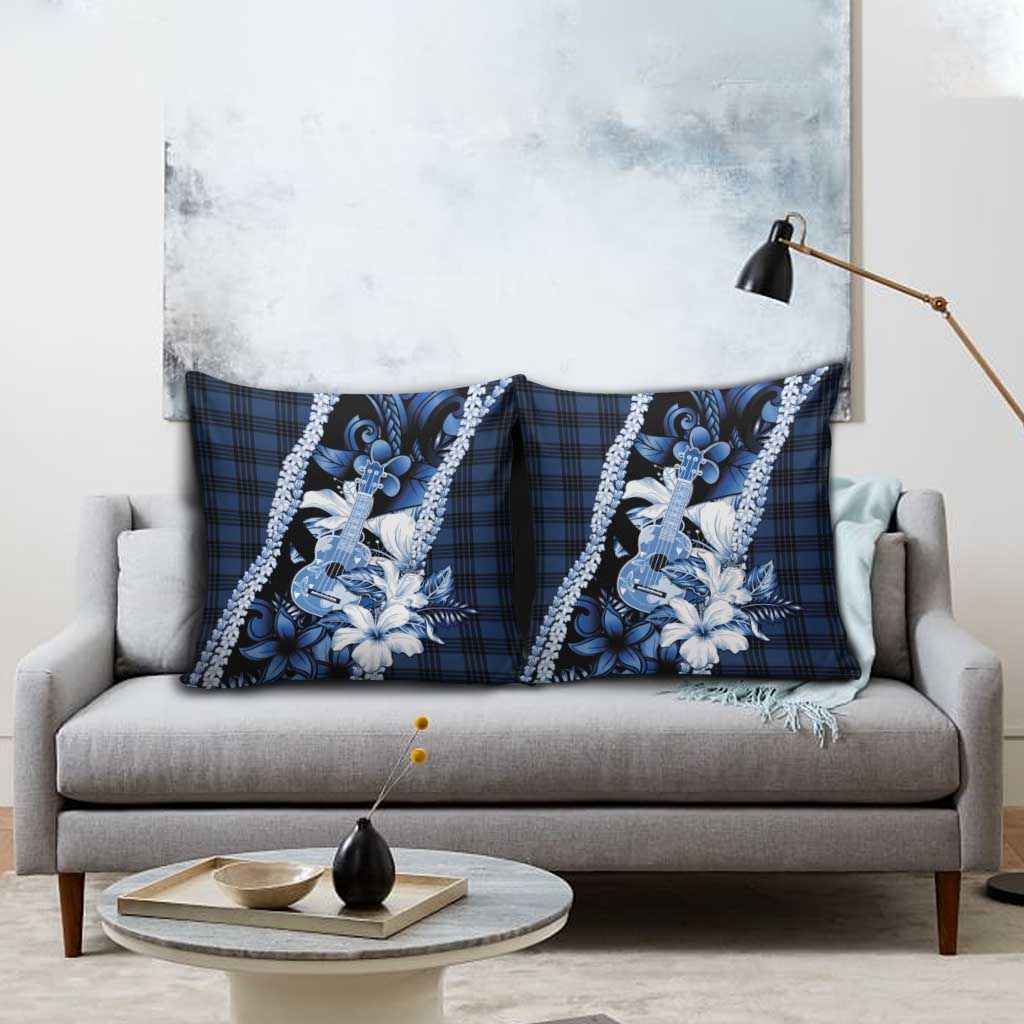 Hawaii Ukulele Pillow Cover Tropical Flowers With Palaka Effect Blue Version - Polynesian Pride