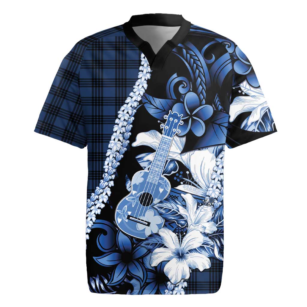 Hawaii Ukulele Rugby Jersey Tropical Flowers With Palaka Effect Blue Version - Polynesian Pride
