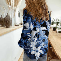Hawaii Ukulele Women Casual Shirt Tropical Flowers With Palaka Effect Blue Version - Polynesian Pride