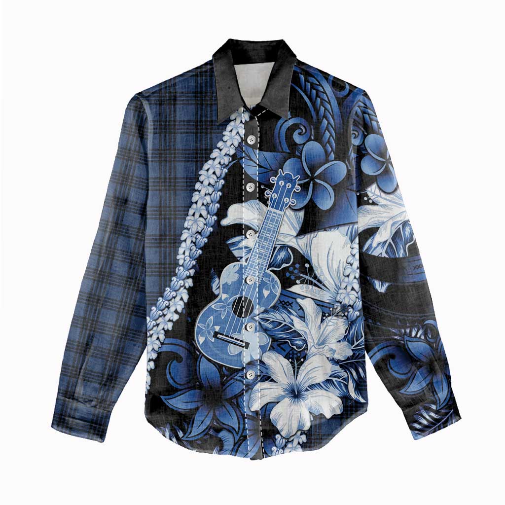Hawaii Ukulele Women Casual Shirt Tropical Flowers With Palaka Effect Blue Version - Polynesian Pride