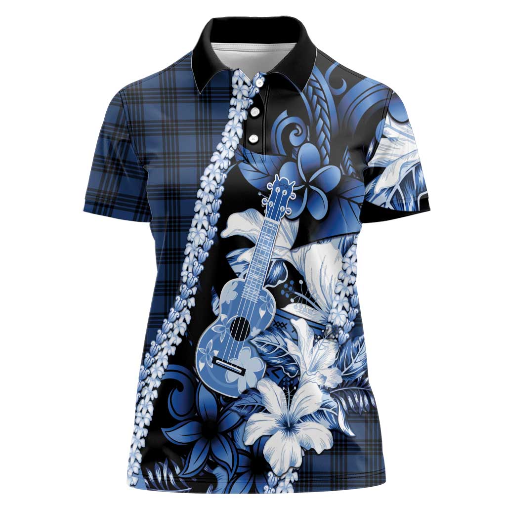 Hawaii Ukulele Women Polo Shirt Tropical Flowers With Palaka Effect Blue Version - Polynesian Pride
