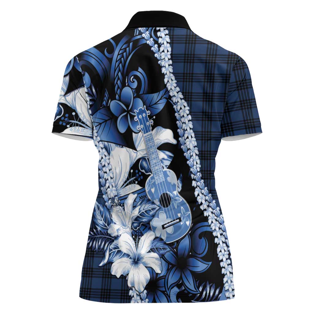 Hawaii Ukulele Women Polo Shirt Tropical Flowers With Palaka Effect Blue Version - Polynesian Pride