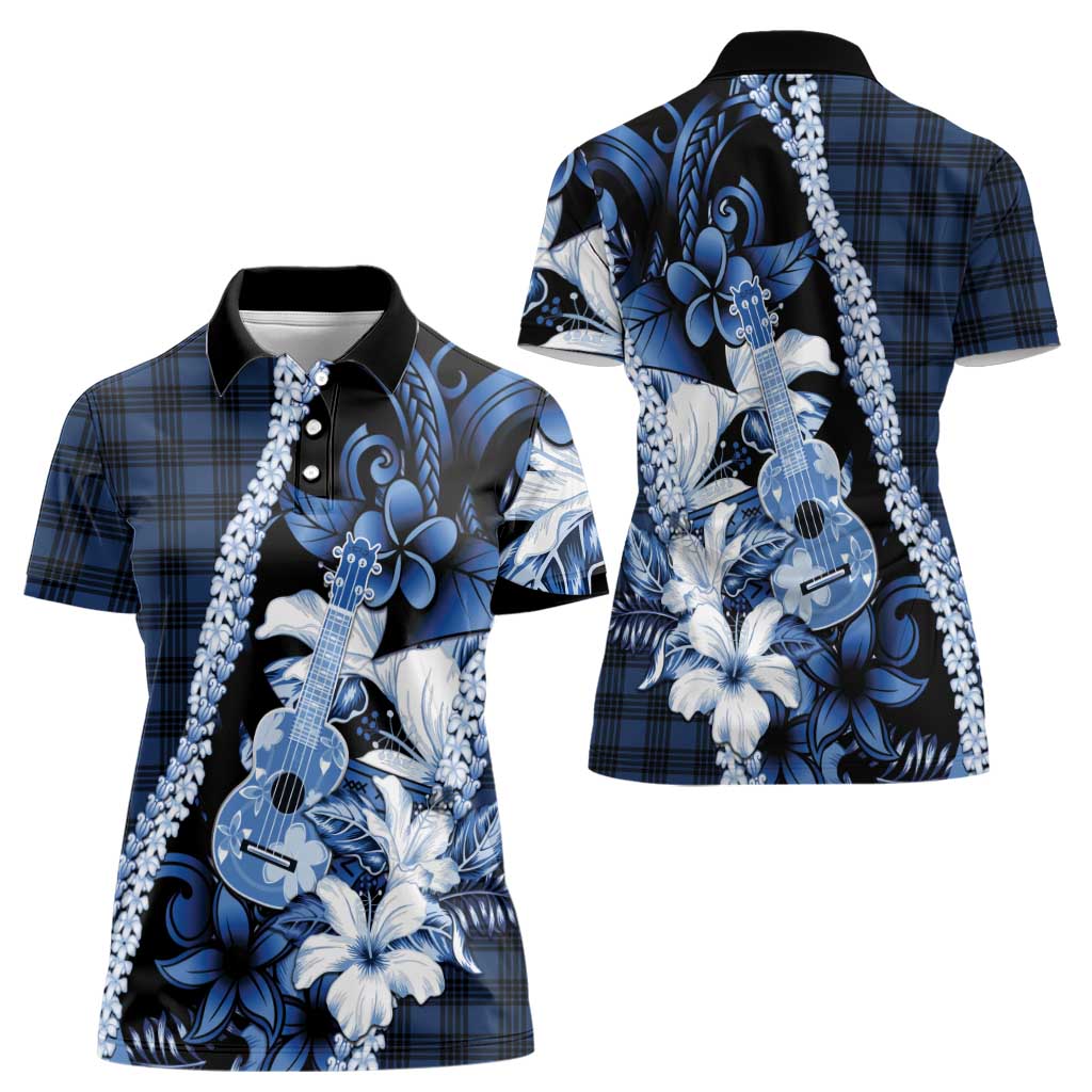 Hawaii Ukulele Women Polo Shirt Tropical Flowers With Palaka Effect Blue Version - Polynesian Pride