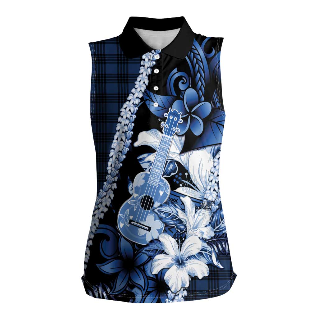 Hawaii Ukulele Women Sleeveless Polo Shirt Tropical Flowers With Palaka Effect Blue Version LT05 Female Blue - Polynesian Pride