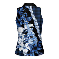 Hawaii Ukulele Women Sleeveless Polo Shirt Tropical Flowers With Palaka Effect Blue Version LT05 - Polynesian Pride