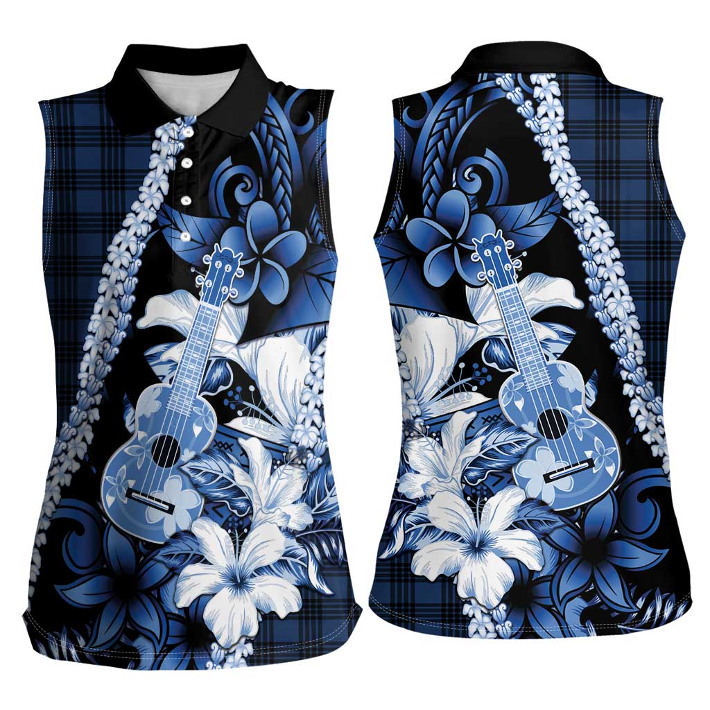 Hawaii Ukulele Women Sleeveless Polo Shirt Tropical Flowers With Palaka Effect Blue Version LT05 - Polynesian Pride
