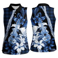 Hawaii Ukulele Women Sleeveless Polo Shirt Tropical Flowers With Palaka Effect Blue Version LT05 - Polynesian Pride