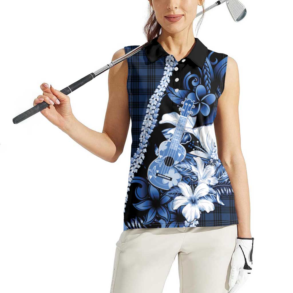 Hawaii Ukulele Women Sleeveless Polo Shirt Tropical Flowers With Palaka Effect Blue Version LT05 - Polynesian Pride