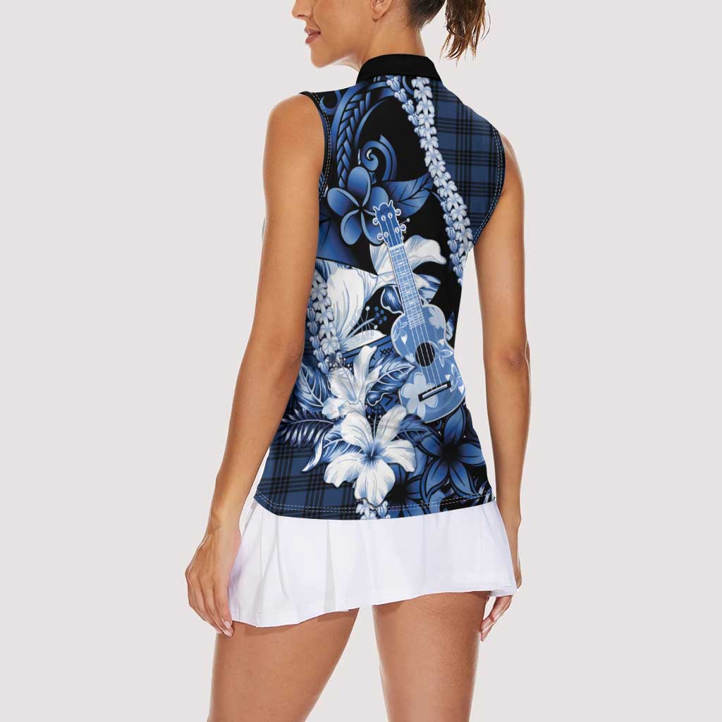 Hawaii Ukulele Women Sleeveless Polo Shirt Tropical Flowers With Palaka Effect Blue Version LT05 - Polynesian Pride