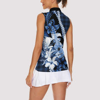 Hawaii Ukulele Women Sleeveless Polo Shirt Tropical Flowers With Palaka Effect Blue Version LT05 - Polynesian Pride