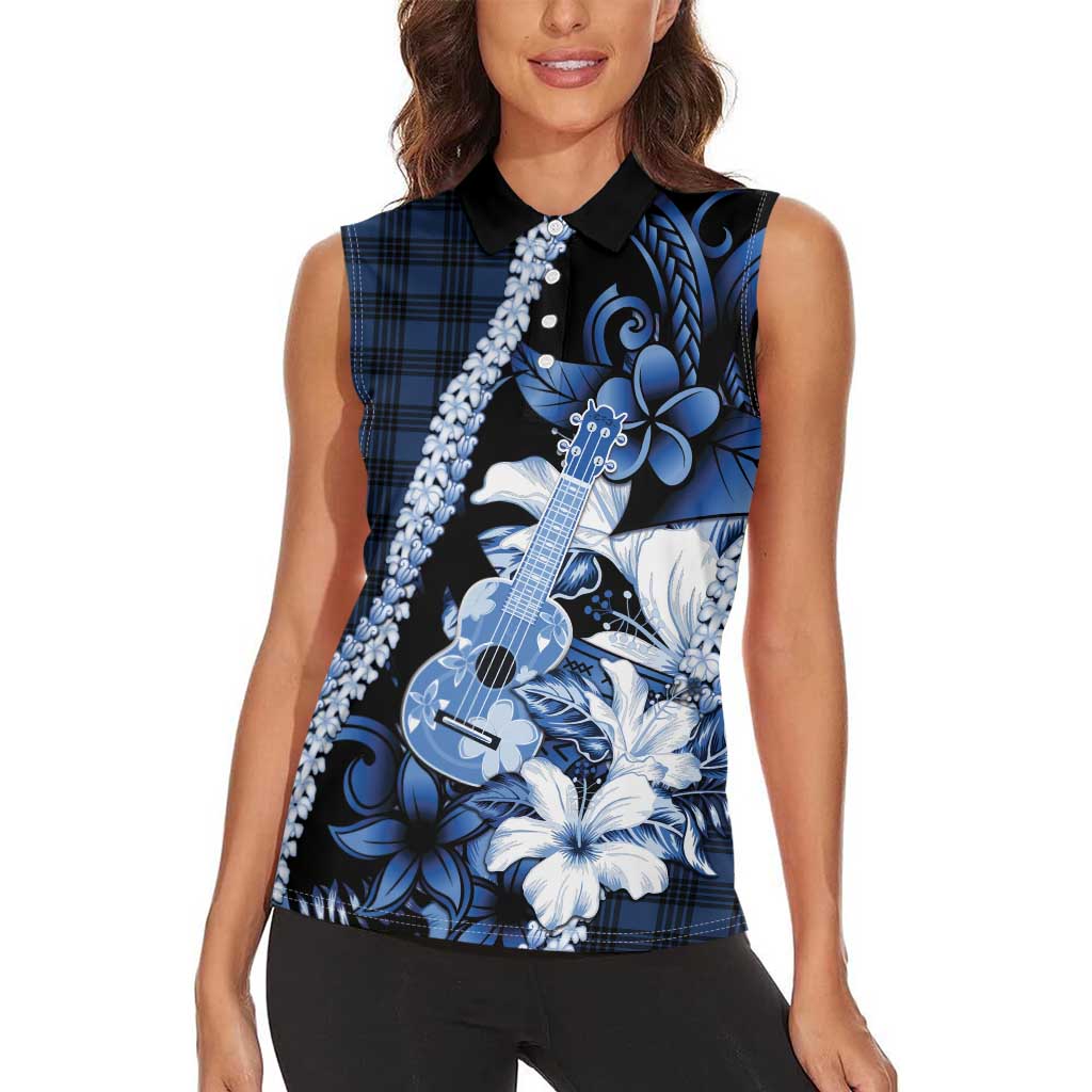 Hawaii Ukulele Women Sleeveless Polo Shirt Tropical Flowers With Palaka Effect Blue Version LT05 - Polynesian Pride