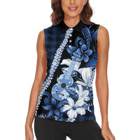 Hawaii Ukulele Women Sleeveless Polo Shirt Tropical Flowers With Palaka Effect Blue Version LT05 - Polynesian Pride