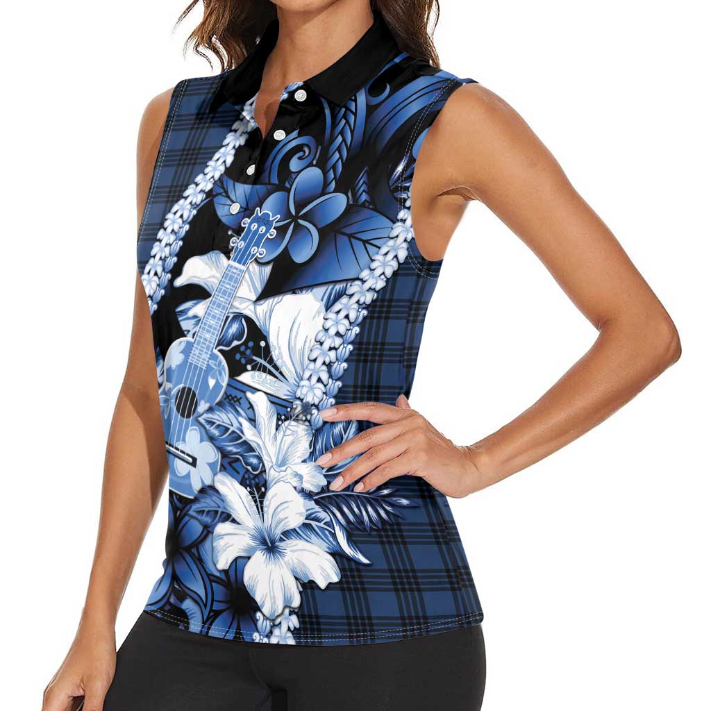 Hawaii Ukulele Women Sleeveless Polo Shirt Tropical Flowers With Palaka Effect Blue Version LT05 - Polynesian Pride