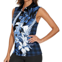 Hawaii Ukulele Women Sleeveless Polo Shirt Tropical Flowers With Palaka Effect Blue Version LT05 - Polynesian Pride