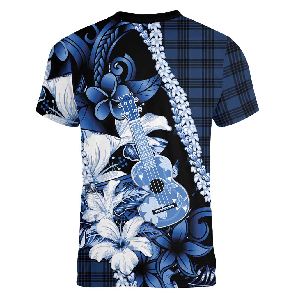 Hawaii Ukulele Women V-Neck T-Shirt Tropical Flowers With Palaka Effect Blue Version - Polynesian Pride