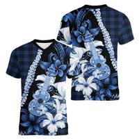 Hawaii Ukulele Women V-Neck T-Shirt Tropical Flowers With Palaka Effect Blue Version - Polynesian Pride