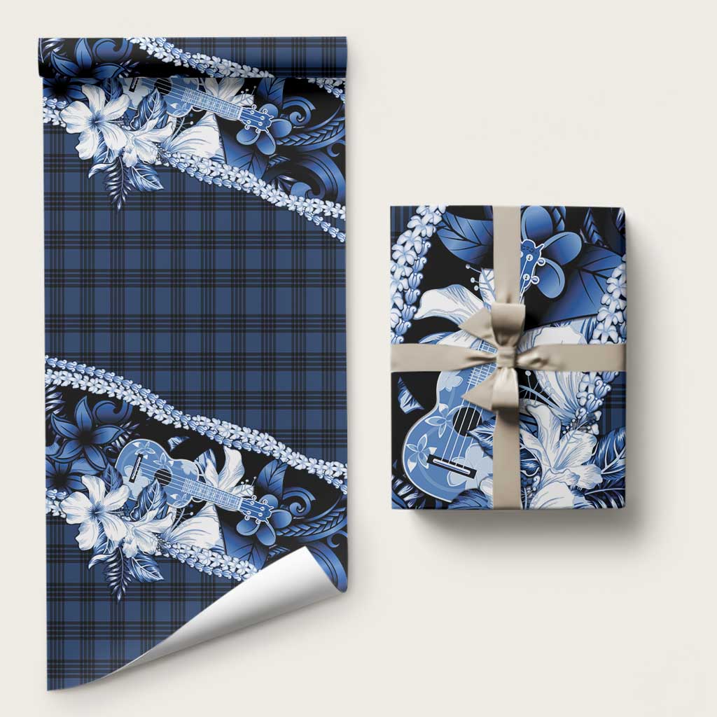 Hawaii Ukulele Wrapping Paper Tropical Flowers With Palaka Effect Blue Version