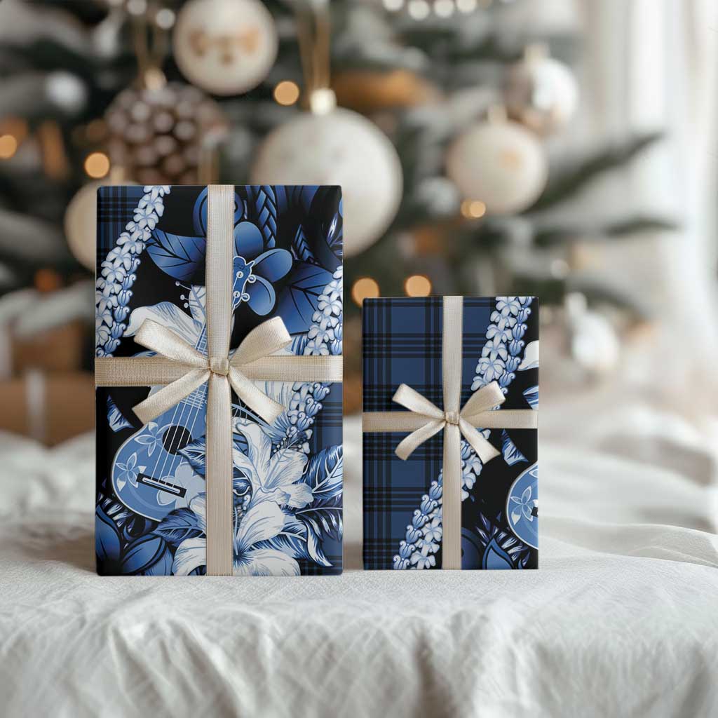 Hawaii Ukulele Wrapping Paper Tropical Flowers With Palaka Effect Blue Version