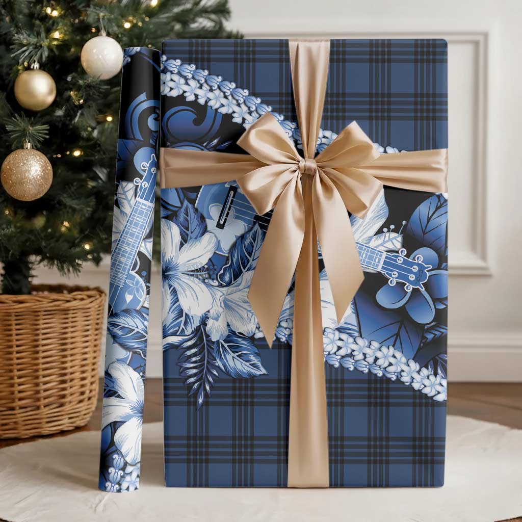 Hawaii Ukulele Wrapping Paper Tropical Flowers With Palaka Effect Blue Version