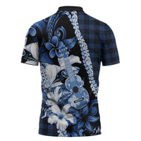 Hawaii Ukulele Zipper Polo Shirt Tropical Flowers With Palaka Effect Blue Version - Polynesian Pride