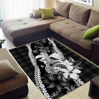 Hawaii Ukulele Area Rug Tropical Flowers With Palaka Effect Black Version - Polynesian Pride