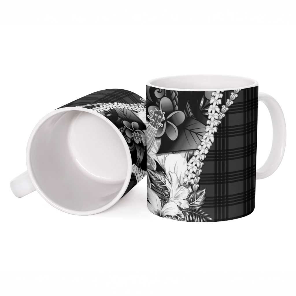 Hawaii Ukulele Ceramic Mug Tropical Flowers With Palaka Effect Black Version - Polynesian Pride