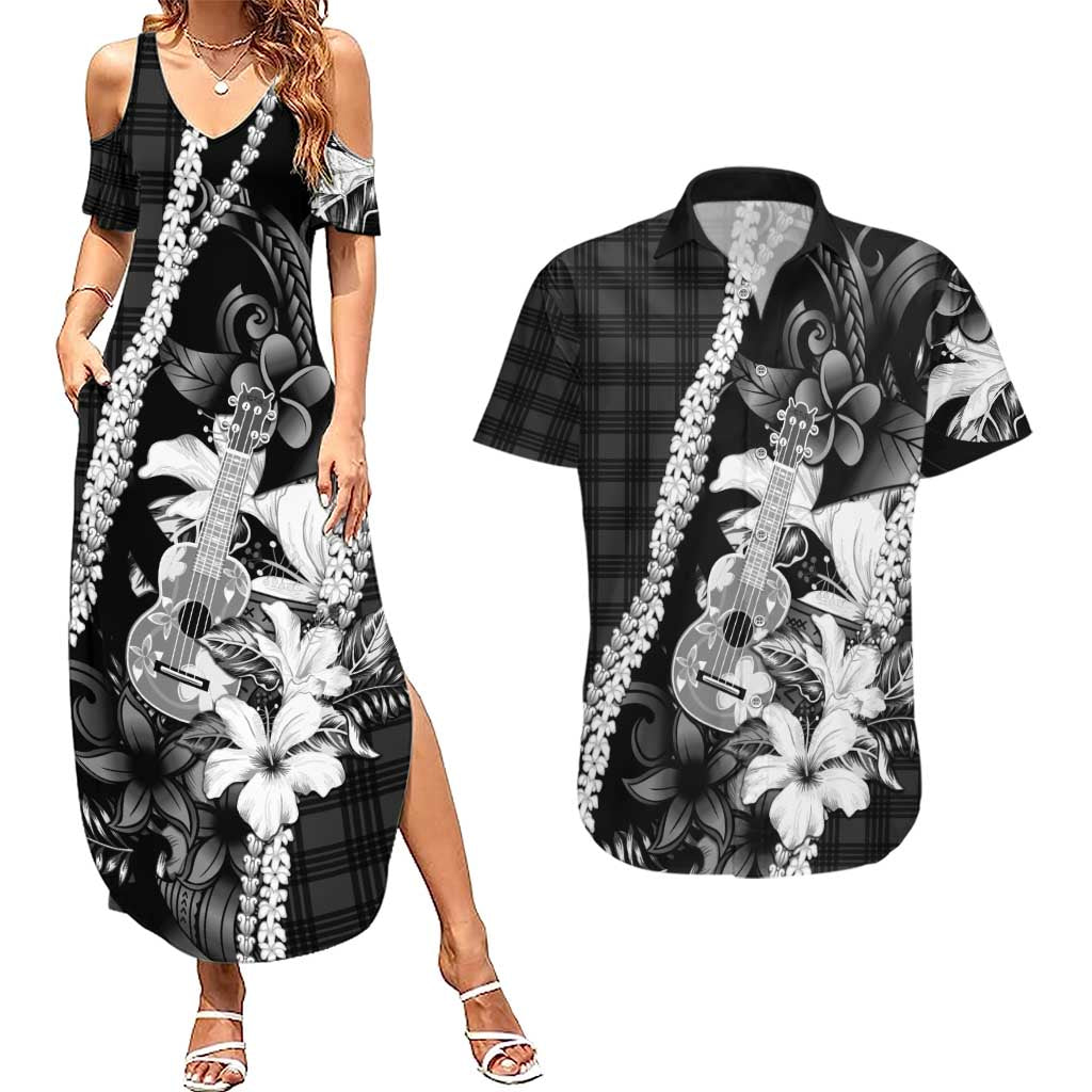 Hawaii Ukulele Couples Matching Summer Maxi Dress and Hawaiian Shirt Tropical Flowers With Palaka Effect Black Version - Polynesian Pride