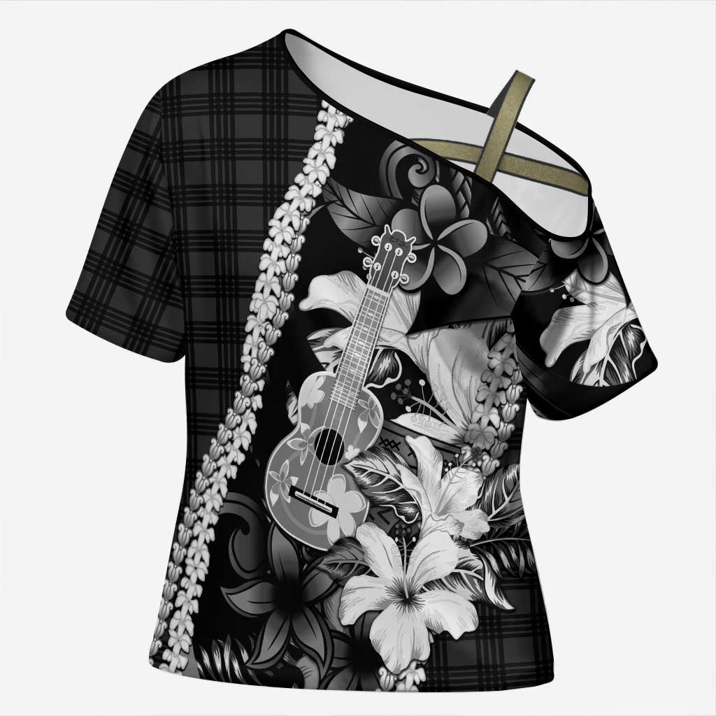 Hawaii Ukulele Cross Shoulder Shirt Tropical Flowers With Palaka Effect Black Version - Polynesian Pride