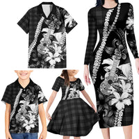 Hawaii Ukulele Family Matching Long Sleeve Bodycon Dress and Hawaiian Shirt Tropical Flowers With Palaka Effect Black Version LT05 - Polynesian Pride