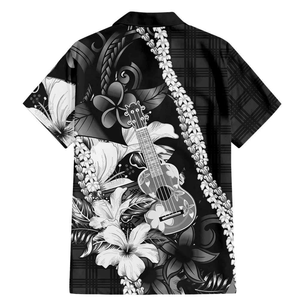 Hawaii Ukulele Family Matching Long Sleeve Bodycon Dress and Hawaiian Shirt Tropical Flowers With Palaka Effect Black Version LT05 - Polynesian Pride