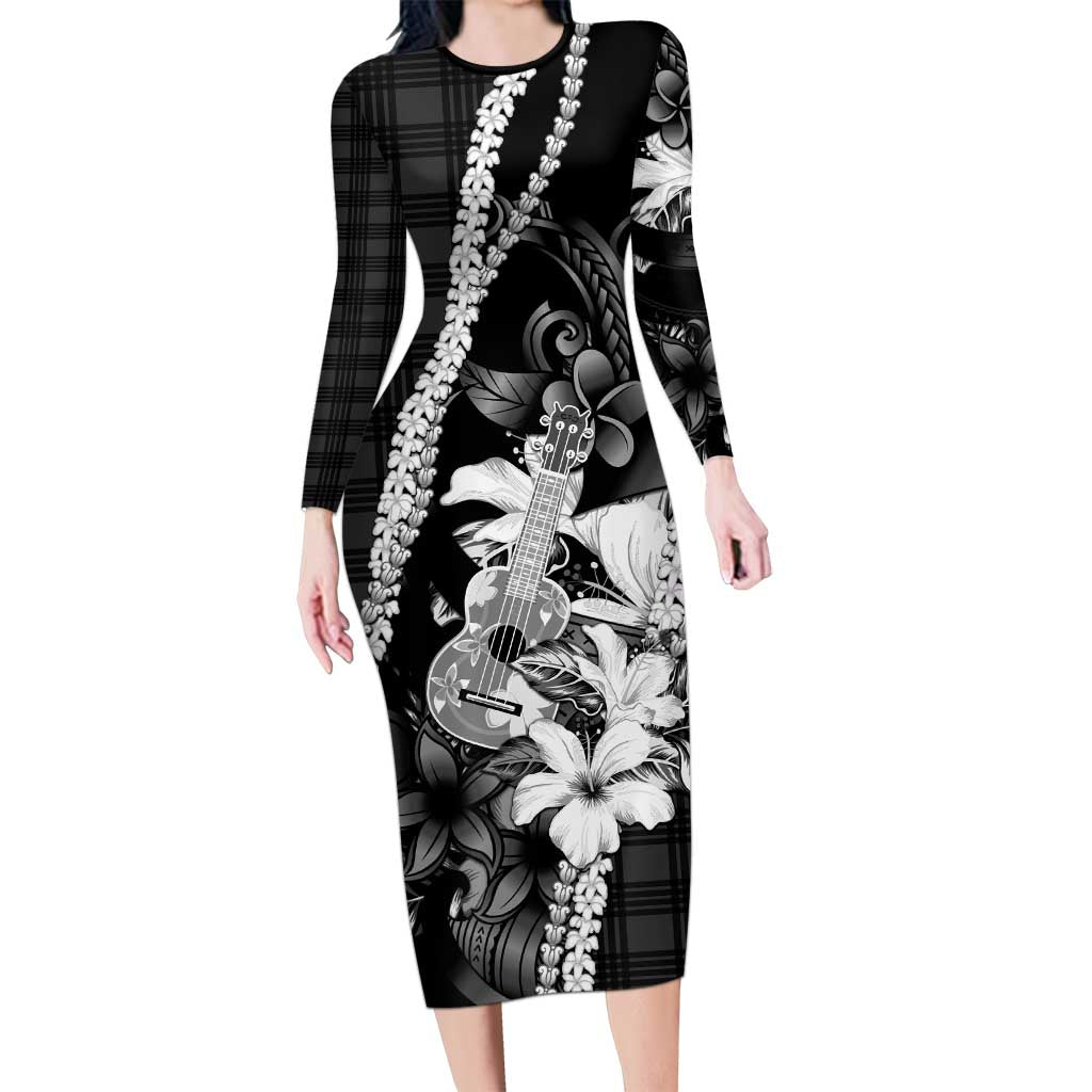 Hawaii Ukulele Family Matching Long Sleeve Bodycon Dress and Hawaiian Shirt Tropical Flowers With Palaka Effect Black Version LT05 Mom's Dress Black - Polynesian Pride