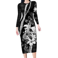 Hawaii Ukulele Family Matching Long Sleeve Bodycon Dress and Hawaiian Shirt Tropical Flowers With Palaka Effect Black Version LT05 Mom's Dress Black - Polynesian Pride
