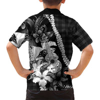 Hawaii Ukulele Family Matching Off The Shoulder Long Sleeve Dress and Hawaiian Shirt Tropical Flowers With Palaka Effect Black Version LT05 - Polynesian Pride